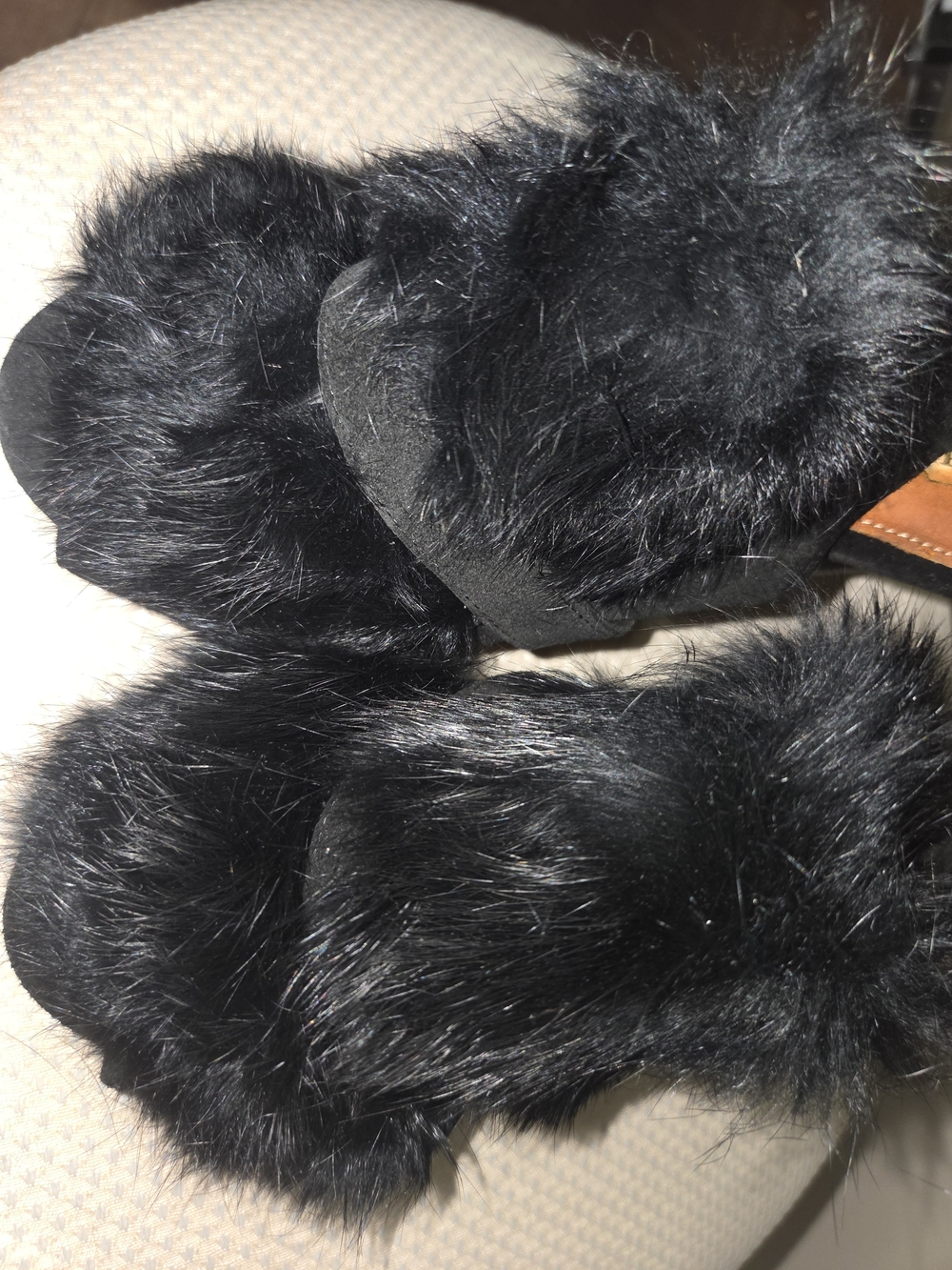 Coach Black Faux Fur Pom Slide Sandals